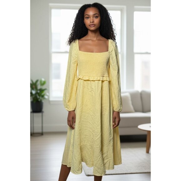 7 For All Mankind Dress M/L Midi Linen Blend Puff Sleeves Ruffle Smocked Yellow - Picture 1 of 10